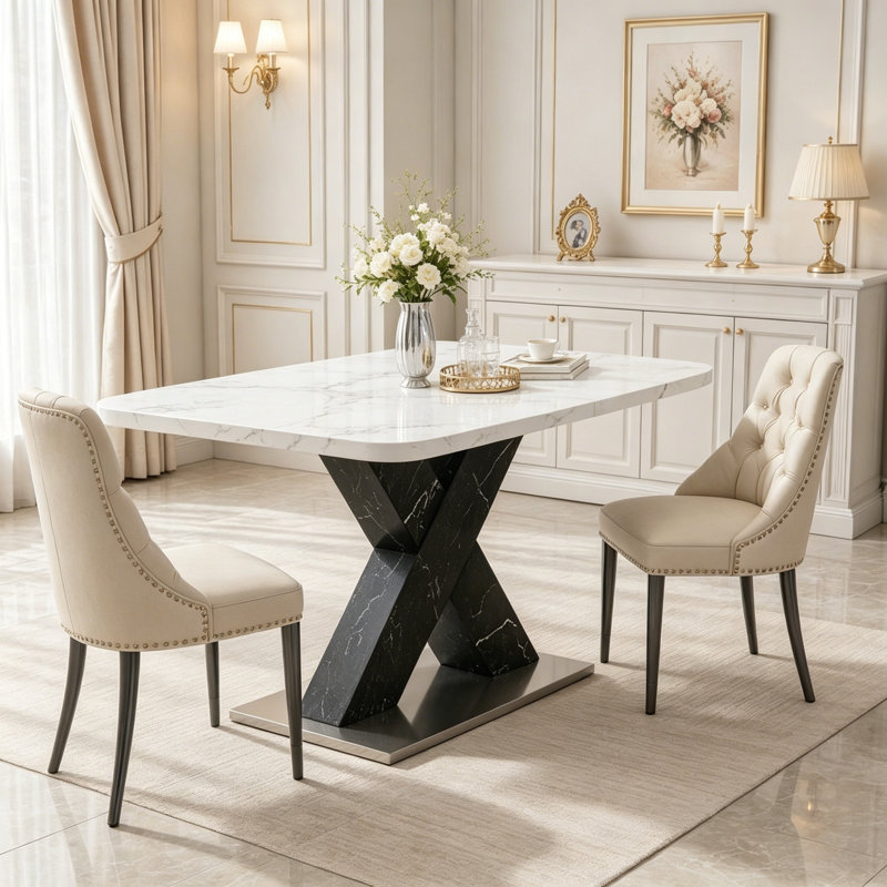 Modern Rectangle Extendable Dining Table with Marble Print and Black Base, White/Black