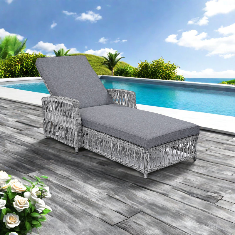 Chaise longue de patio réglable avec accoudoirs, chaise longue en résine tressée durable avec coussins de 4 pouces pour la piscine, la terrasse et le balcon
