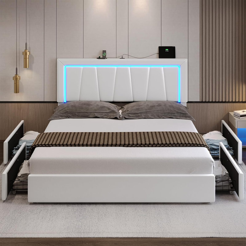California King Bed Frame With 4 Storage Drawers And Led Lights Upholstered Platform Storage Bed Frame With Charging Station And Headboard Cali King Led Bed Frame,Easy Assemble