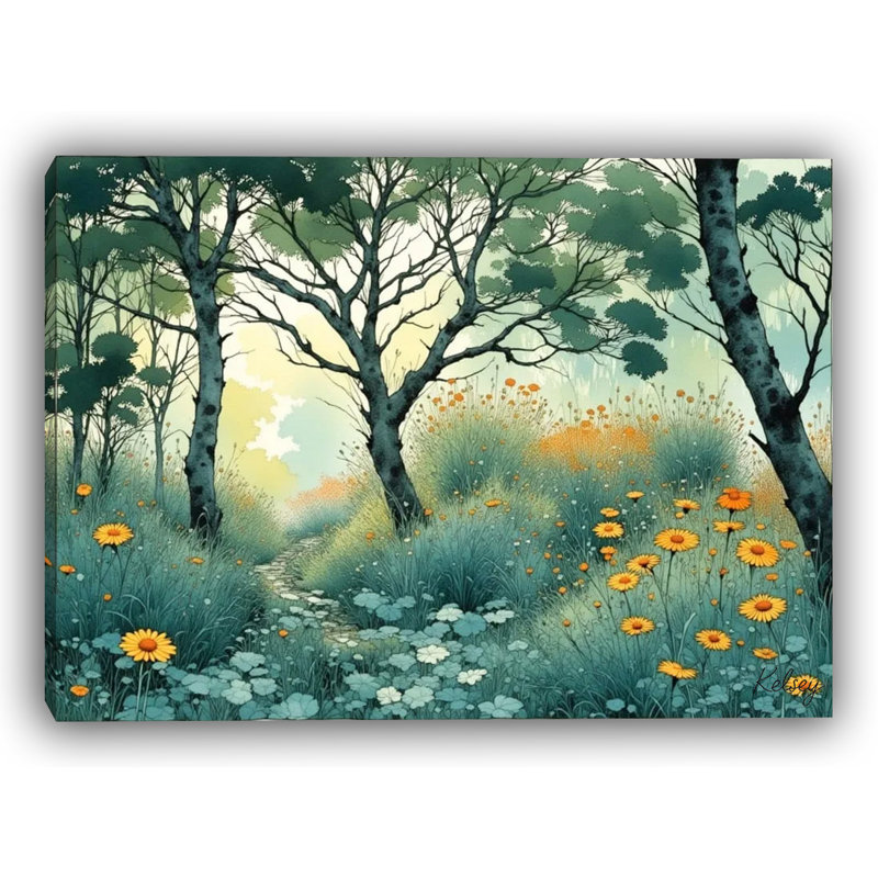 Golden Bloom Forest Path - Art mural sur toile tendue, H 30 po x l 40 po