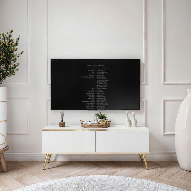 OXFORD III TV Stand with Golden Legs, 53cm H x 135cm L x 32cm W, White