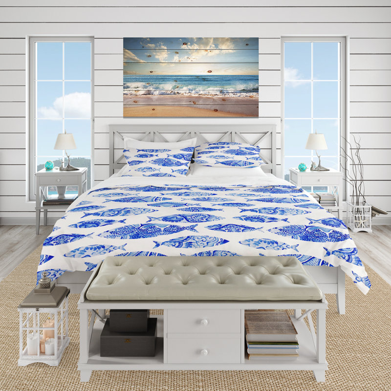 Twin Blue and White Microfiber Nautical Duvet Cover Set