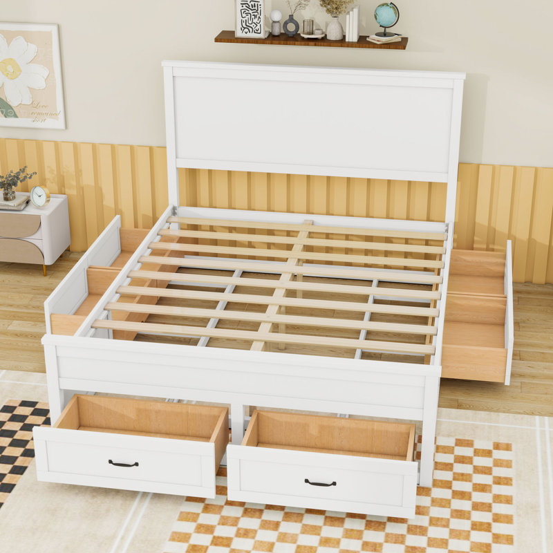 Queen Platform Bed with Six Built-in Storage Drawers and Stylish Headboard, White