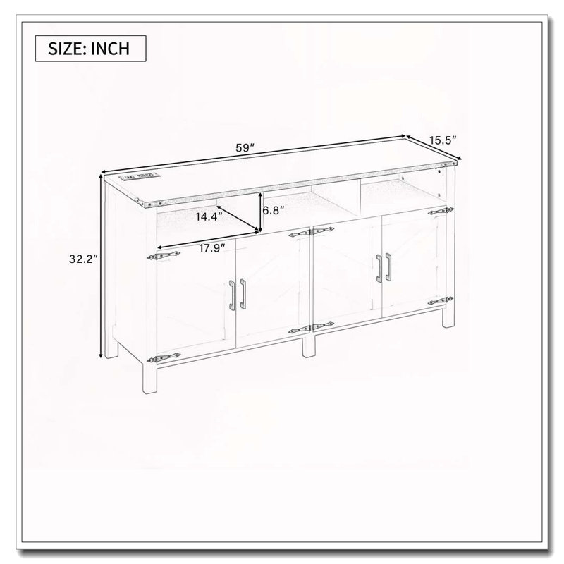 Buffet 4 portes avec prises de courant, ports USB et tablettes réglables, Bois naturel