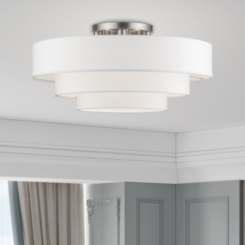 5 Light Bronze Extra Large Semi-Flush With Hand Crafted Off-White Color Fabric Hardback Shades, Brushed Nickel