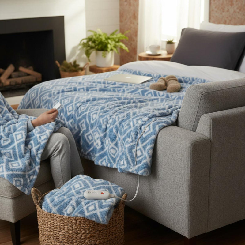 1 couverture chauffante douce 50x60" bleue à motifs géométriques, Multicolor Geometric 2