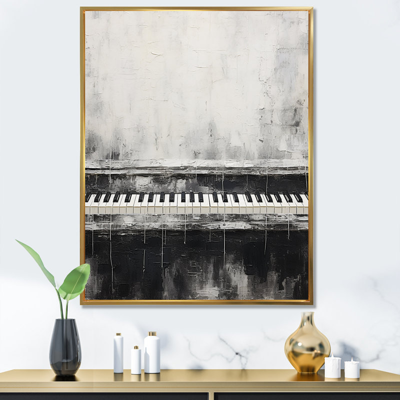 «Black and White Piano Keys Midnight Black» sur toile imprimée, Cadre flottant doré, H 20 po x l 12 po x P 1 po