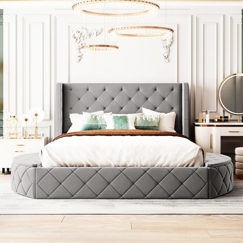 Lit tapissier grand avec tissu en velours, rangement et tête de lit à oreilles (plateforme et fonctionnelle), Gris