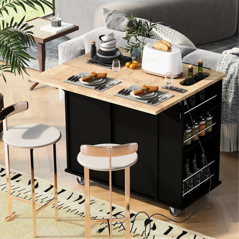 Îlot de cuisine avec prise électrique et abattant. Noir Support à vin, compartiment latéral. Pour la maison, branchement électrique et tablette inférieure, compartiment, conception élégante