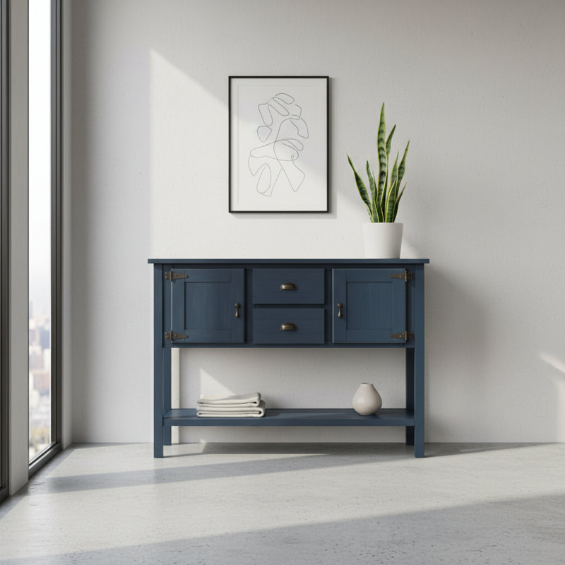 Console 48 po en bois massif avec tiroirs, armoires et étagère, desserte bleu marine | Idée cadeau