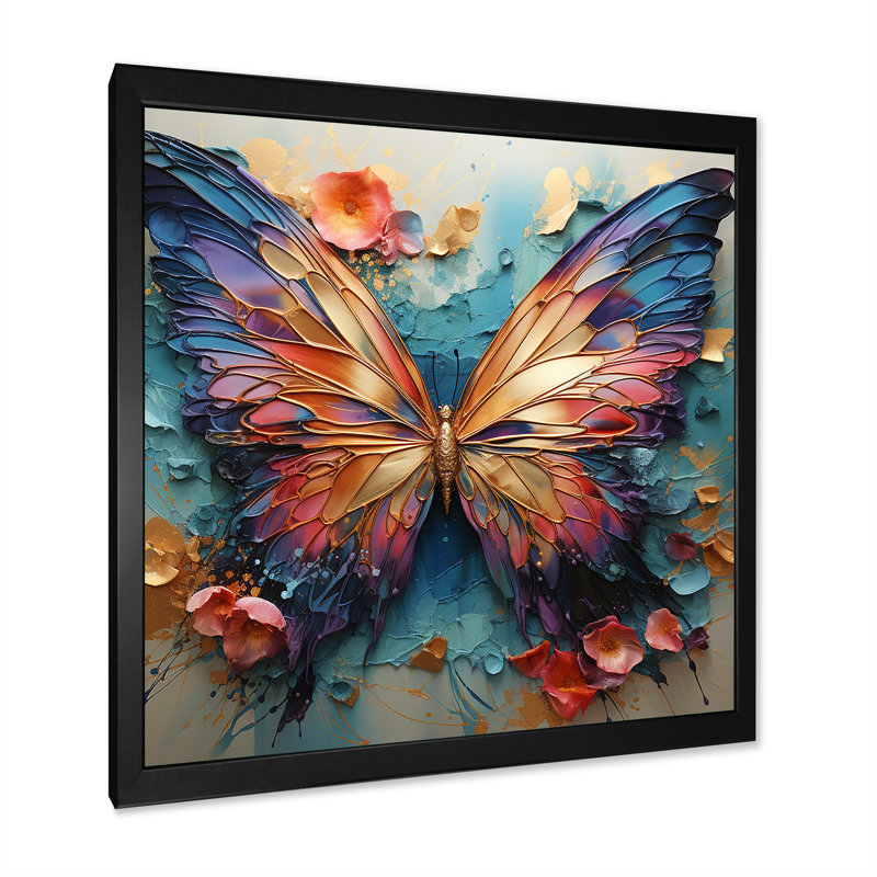 Orange et bleu, papillon métallique - art mural papillon, H 16 po x l 16 po, Cadre photo unique, Noir