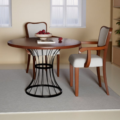 Ensemble de salle à manger 42 "rond - table en placage d'apparence en bois massif + 2 fauteuils rembourrés, base piédestal en fer robuste,