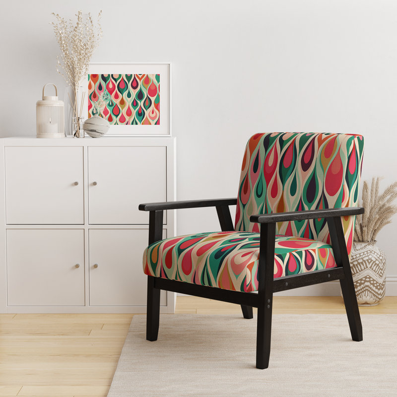 Fauteuil d'appoint Mid-Century rembourré en velours Retro Abstract Drops, Blue/Orange Velvet, Accoudoirs carrés noirs