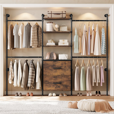 Portemanteau mural 61 po à 91,3 po avec 4 tiges extensibles, 2 tiroirs et 6 tablettes en bois