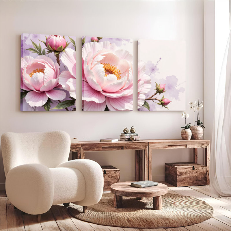 Aquarelle, pivoine, toile tendue sur toile, rose tendre et crème (ensemble de 3), H 30 po x l 60 po