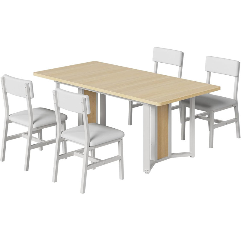 5-Piece Dining Table Set For 4-6 People, 63" Extendable Kitchen Table And 4 Cushion Chairs, Dining Room Table With Mdf Board & Metal Frame For Small Space, Easy Clean