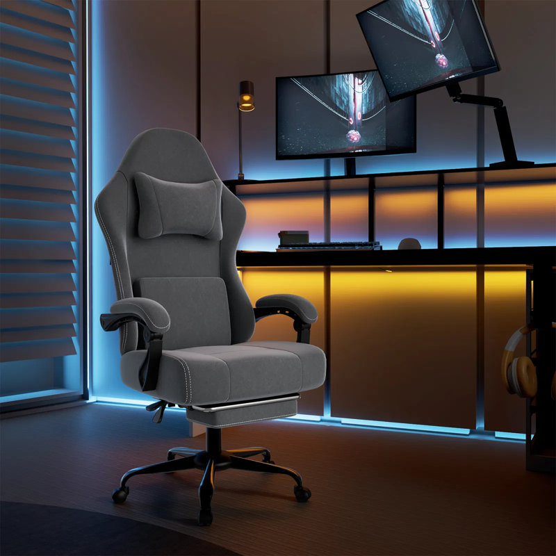 Ergonomic Gaming Chair With Massage Lumbar Support & Footrest, Fabric Computer Chair With Pocket Spring Seat, 90°-155° Recline, 350 Lbs Capacity