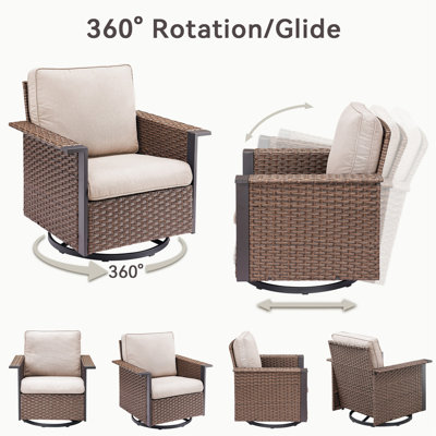 Outdoor Swivel Rocking Brown Wicker Chairs Set of 2, Wide Armrest Patio Glider Chairs with Beige Cushions for Porch or Deck