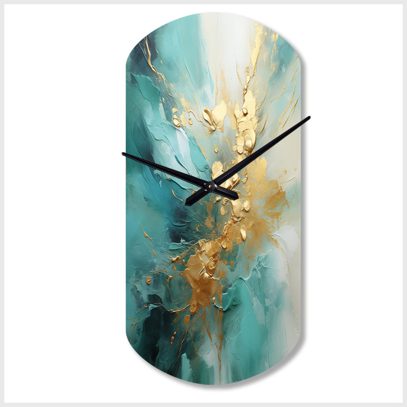 Or et bleu sarcelle Aurora Harmony II - horloge murale cylindrique spirales abstraites, horloge murale asymétrique dorée