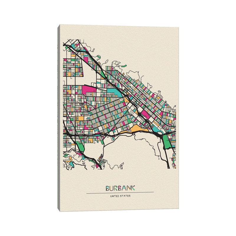 «Burbank, California Map» par Ayse Deniz Akerman - impression sur toile tendue, H 60 po x l 40po x P 1,5 po