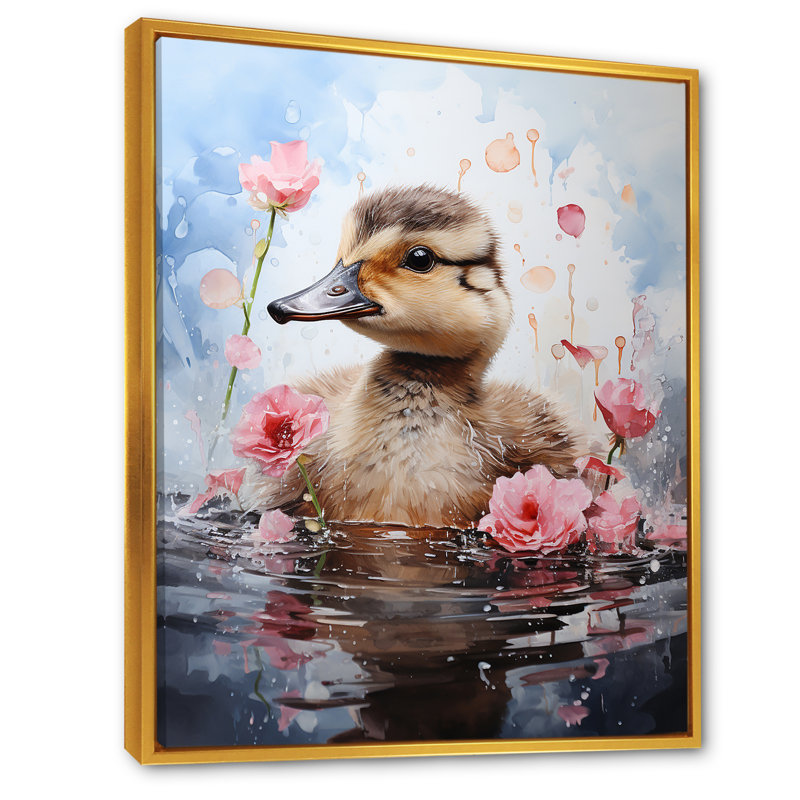 Mignon canard dans l'élégance forale - Art mural animal canard, Cadre flottant doré, 44" H x 34" W