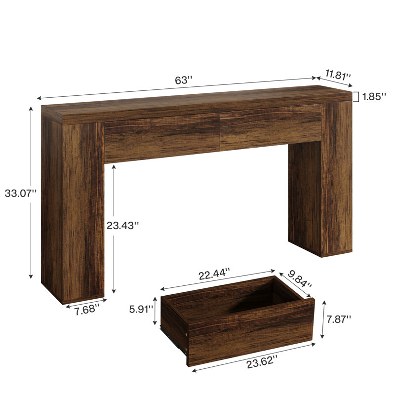 Console 63 po avec tiroirs, console pour salon, couloir, entrée, Brun rustique