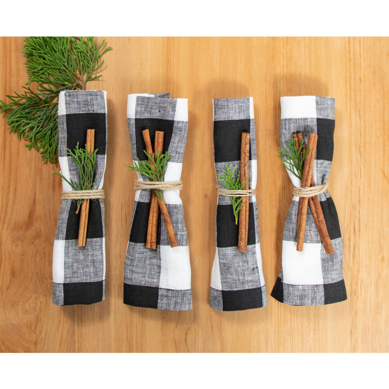 Buffalo Check - 100% Pure Linen Dinner Napkins, Black/White