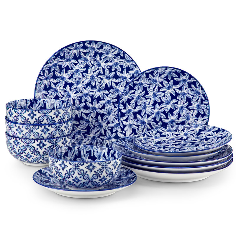 12 Pieces Porcelain Dinnerware, Round Plate, Dinner Plate, Dessert Plate And Bowl, Serve For 4 Person, Blue And White Porcelain, Ceramic Decal, Four Different Paintings