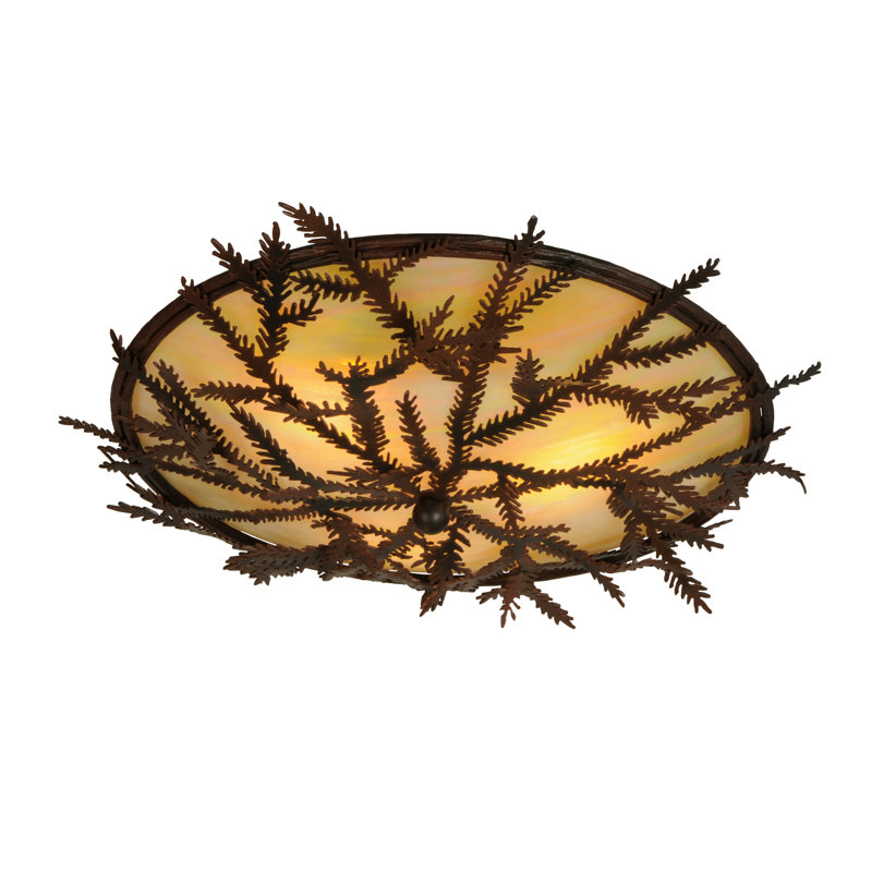 Rustic Bronze and Glass Pine Branch Flush Mount Light