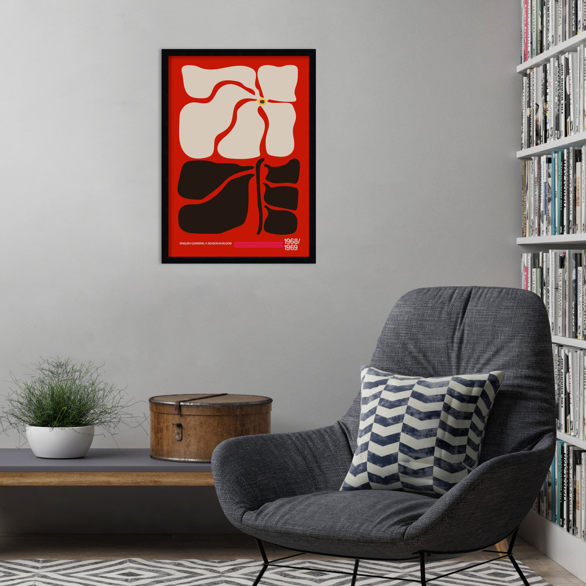 English Gardens Red by Frances Collett, Black, 25" H x 18" W x 1" D