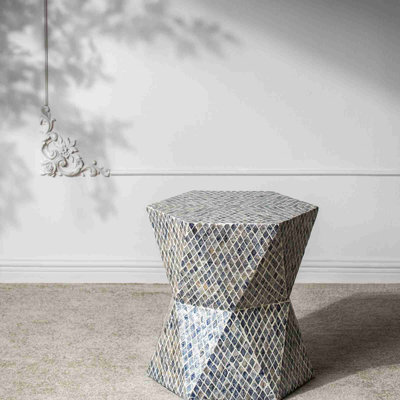 Tapered Blue Garden Capiz Stool, Accent Side Table