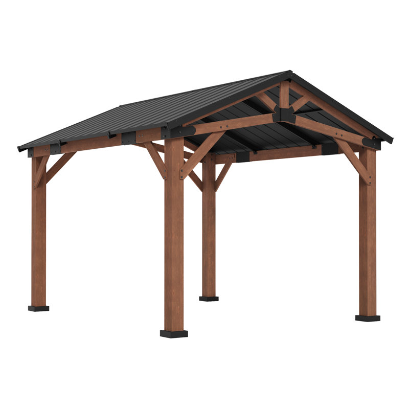 12' X 10' Outdoor Metal Roof Gazebo With Wooden Frame, Hardtop Gazebo,  Resistant Sloping Steel Roof, Brown