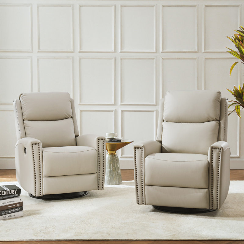 Ramus 30.31'' Wide Genuine Leather Swivel Rocker Recliner Set of 2, Beige