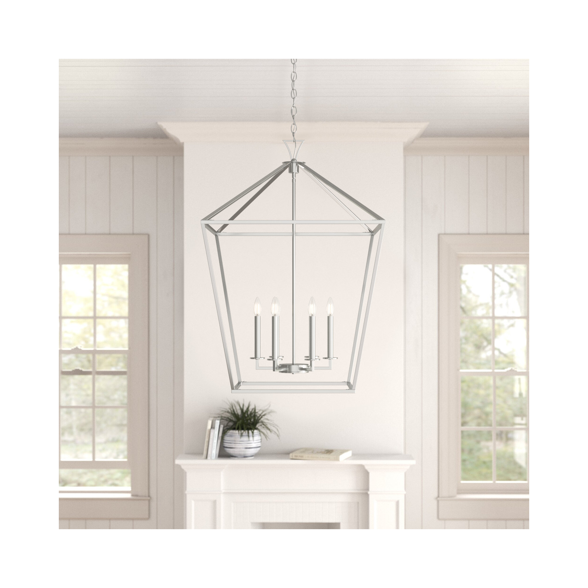 Hastings 6 - Light Lantern Geometric Chandelier, Satin Nickel