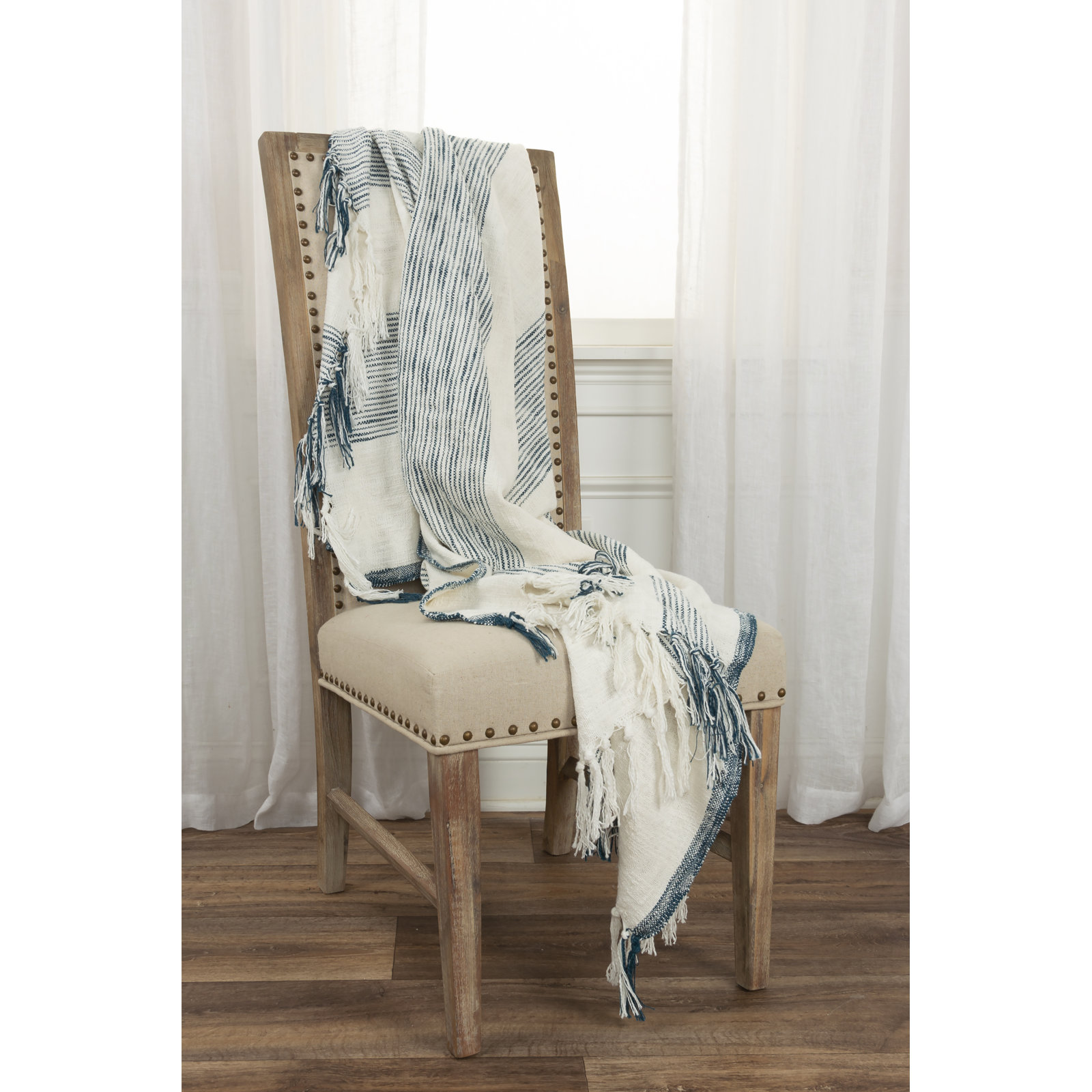 Hopkins Cotton Hand Woven Throw Blanket, Ivory/Teal
