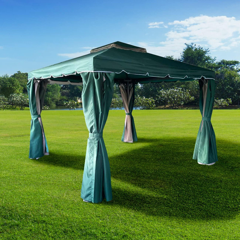 Garden with Curtains & Mosquito Netting – Heavy-Duty Frame, Waterproof Double Roof Patio Canopy 14 Ft. W  x 9.5 Ft. Aluminum Soft-top Patio Gazebo