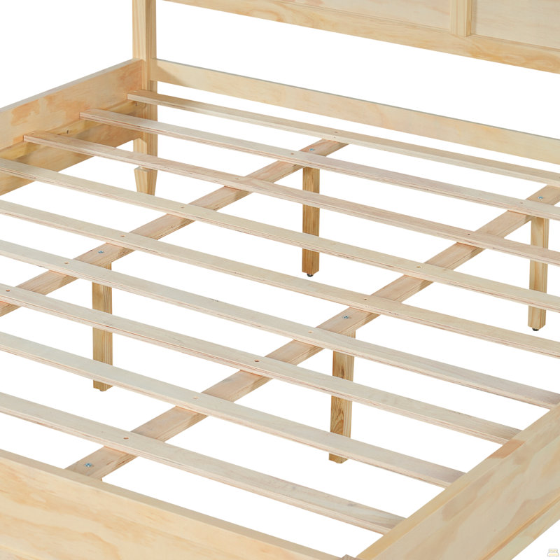 Structure de lit plateforme très grand en bois avec tête de lit à panneau classique, support de lattes en bois, aucun sommier requis, assemblage facile, naturel