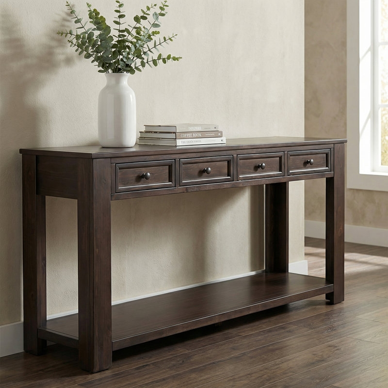 63"High-End Rustic Sofa Table With Drawers - Sturdy Craftsmanship, Hallway Storage Solution, Espresso Wood