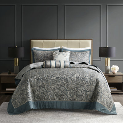 Couvre-lit 5 pièces bleu sarcelle pour lit king size - 100 % microfibre, envers en microfibre, garnissage en coton, élégant motif cachemire, lavable à la machine, avec 2 taies d'oreiller.