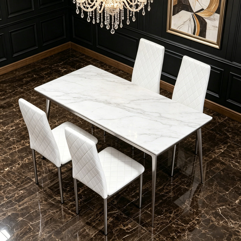 Garrens Modern Faux Leather High Back Dining Chairs with Chrome Metal Legs , White