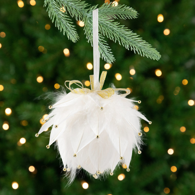 Feathers With Bead Accents Christmas Ball Ornament - 5" - White
