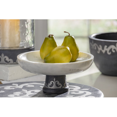 White marble bowl on gray-washed metal-inlay pedestal