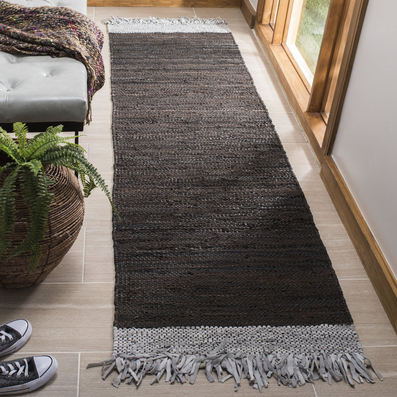 Exley Hand Woven Leather/Cotton Solid Color Rug in Grey/Dark Brown, Runner 2'3" x 9'