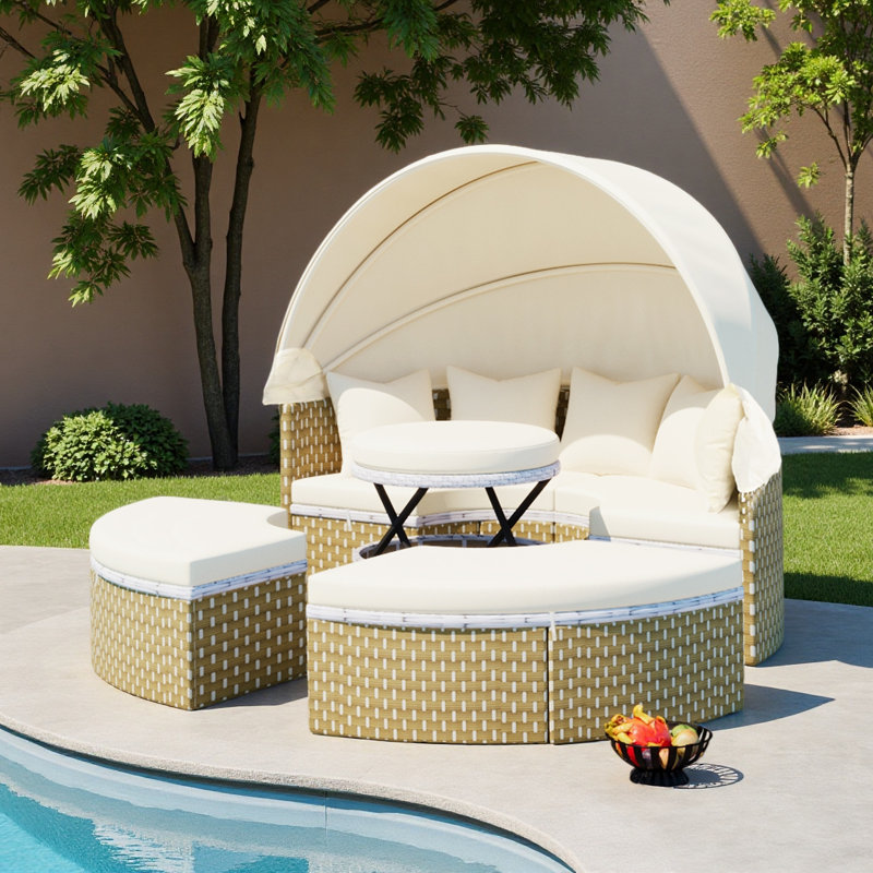 Patio Furniture Round Outdoor Sectional Sofa Set Rattan Daybed Two-Tone Weave Sunbed With Retractable Canopy, Separate Seating And Removable Cushion