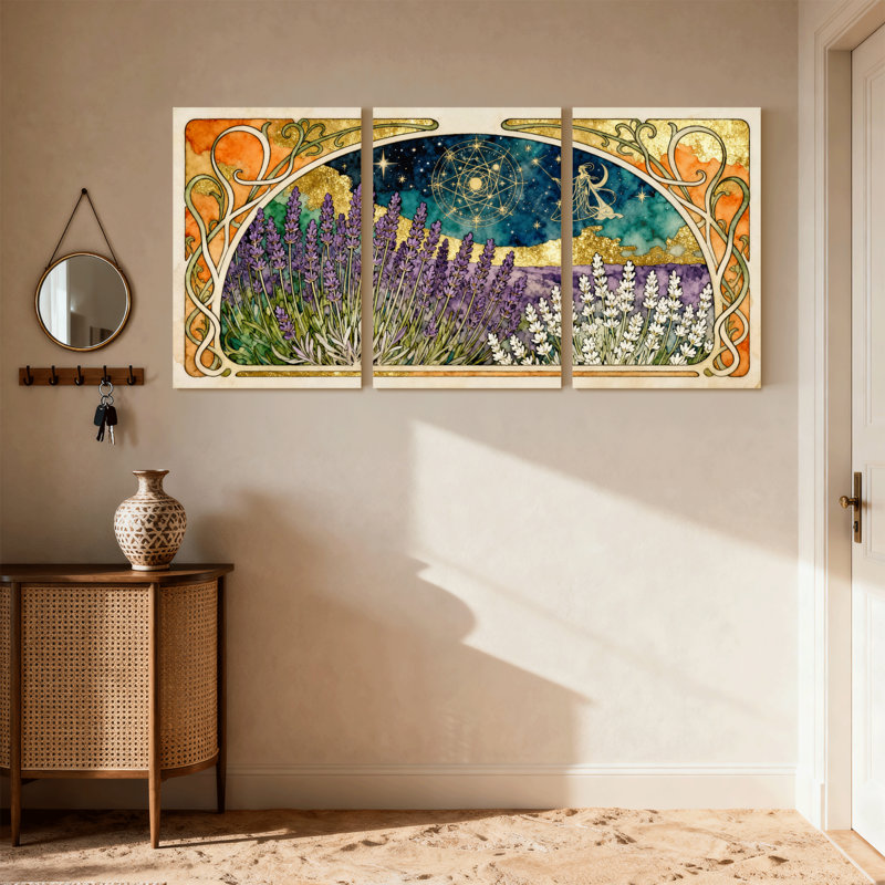 Fantaisie et science-fiction, champ de lavande, ciel nocturne, ensemble de 3 impressions sur toile, H 30 po x l 60 po