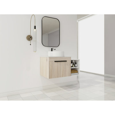 Meuble-lavabo flottant de conception moderne avec lavabo d'art en céramique, dalle de pierre plate blanche et petites tablettes de rangement, porte à fermeture douce, ensemble KD