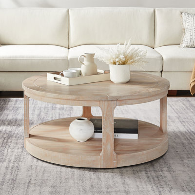 Grande table basse de 40 pouces à 2 niveaux avec cercle rond et centre traditionnel en bois (seulement avec table basse, sans chaises)