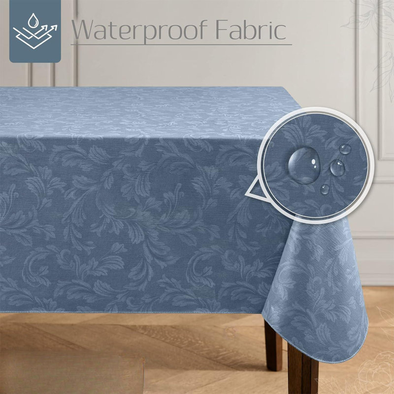 Floral Damask-Scroll Water- And Stain-Resistant Vinyl Tablecloth With Flannel Backing, 60 Inches X 120 Inches, Rectangle, Blue