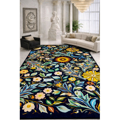 MOSSO Green Floral Washable Woven Backing Area Rug