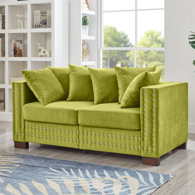 Décoration moderne en velours à 2 places avec accoudoirs carrés, sièges confortables, espace de rangement et housses amovibles, accoudoirs cloutés argentés, pieds en bois massif, coussin